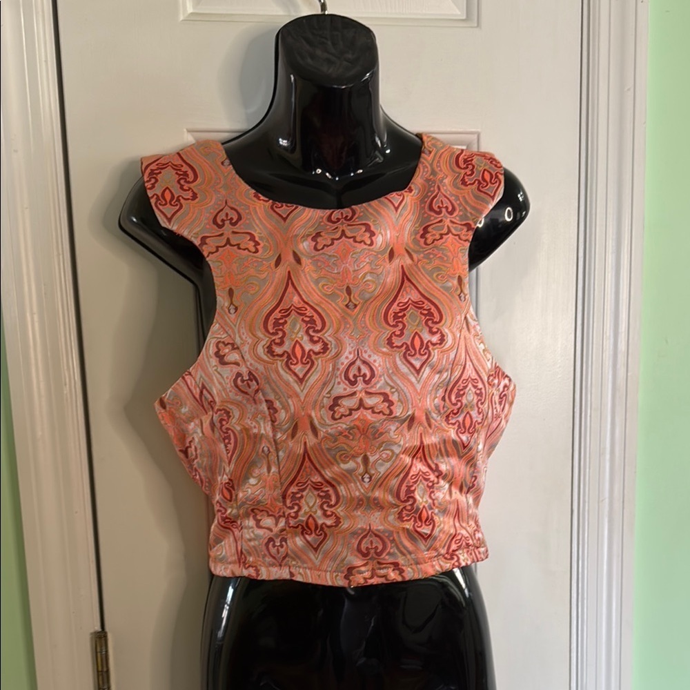 Paper Heart Orange & Pink Brocade Sleeveless Fitted Crop Top 100% Cotton Size 8